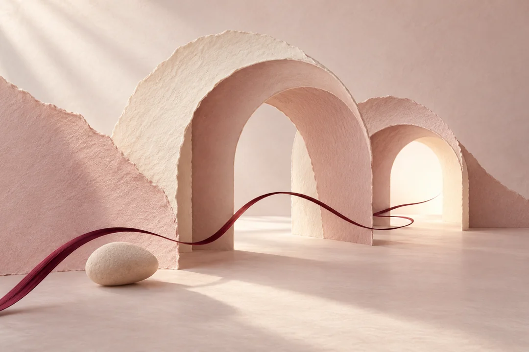 Colagem conceitual de arcos de papel e um fio contínuo vinho, simbolizando uma trajetória pessoal