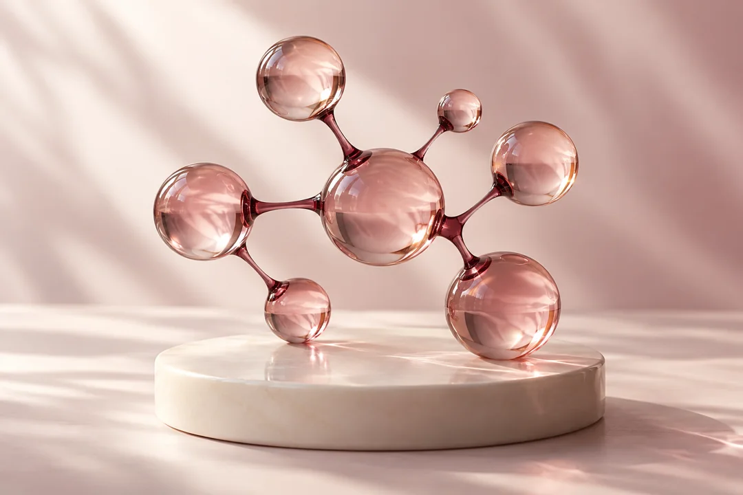 Escultura conceitual de esferas de vidro rosé interligadas, representando conexões da saúde