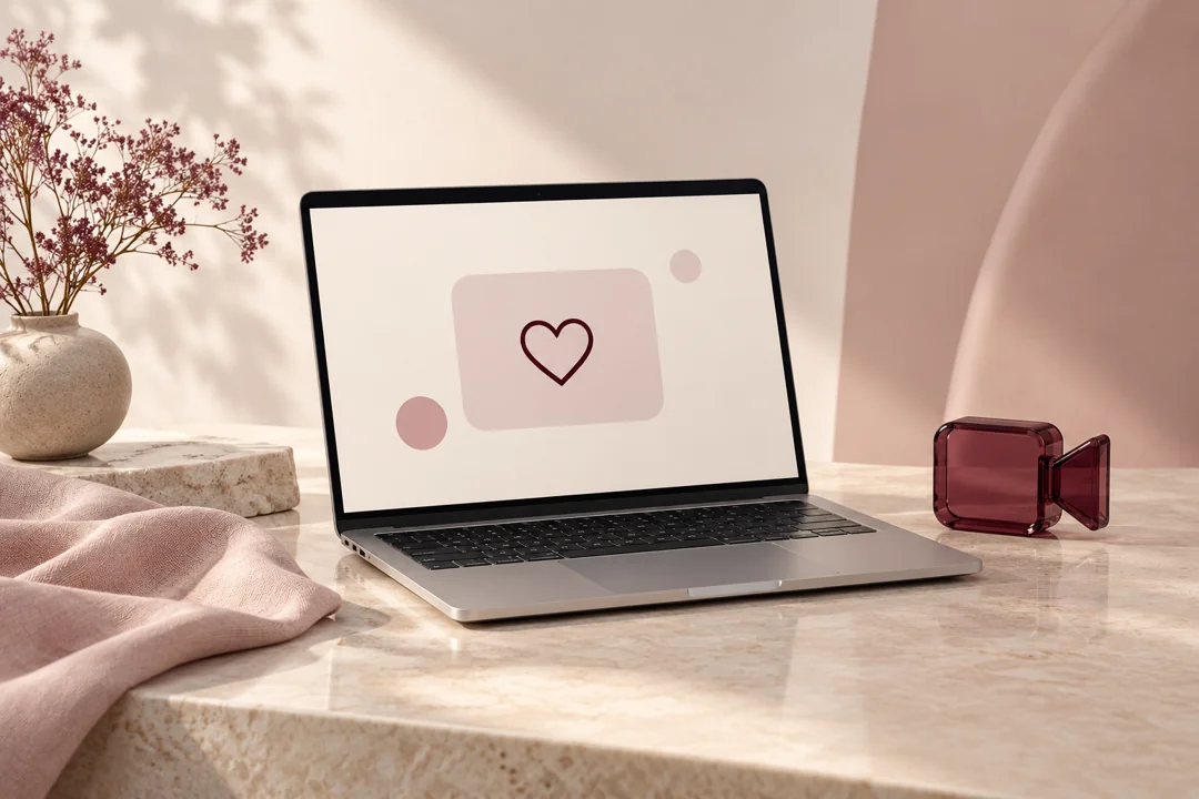 Ilustração conceitual de um notebook com símbolo de coração e câmera, em tons vinho e rosé
